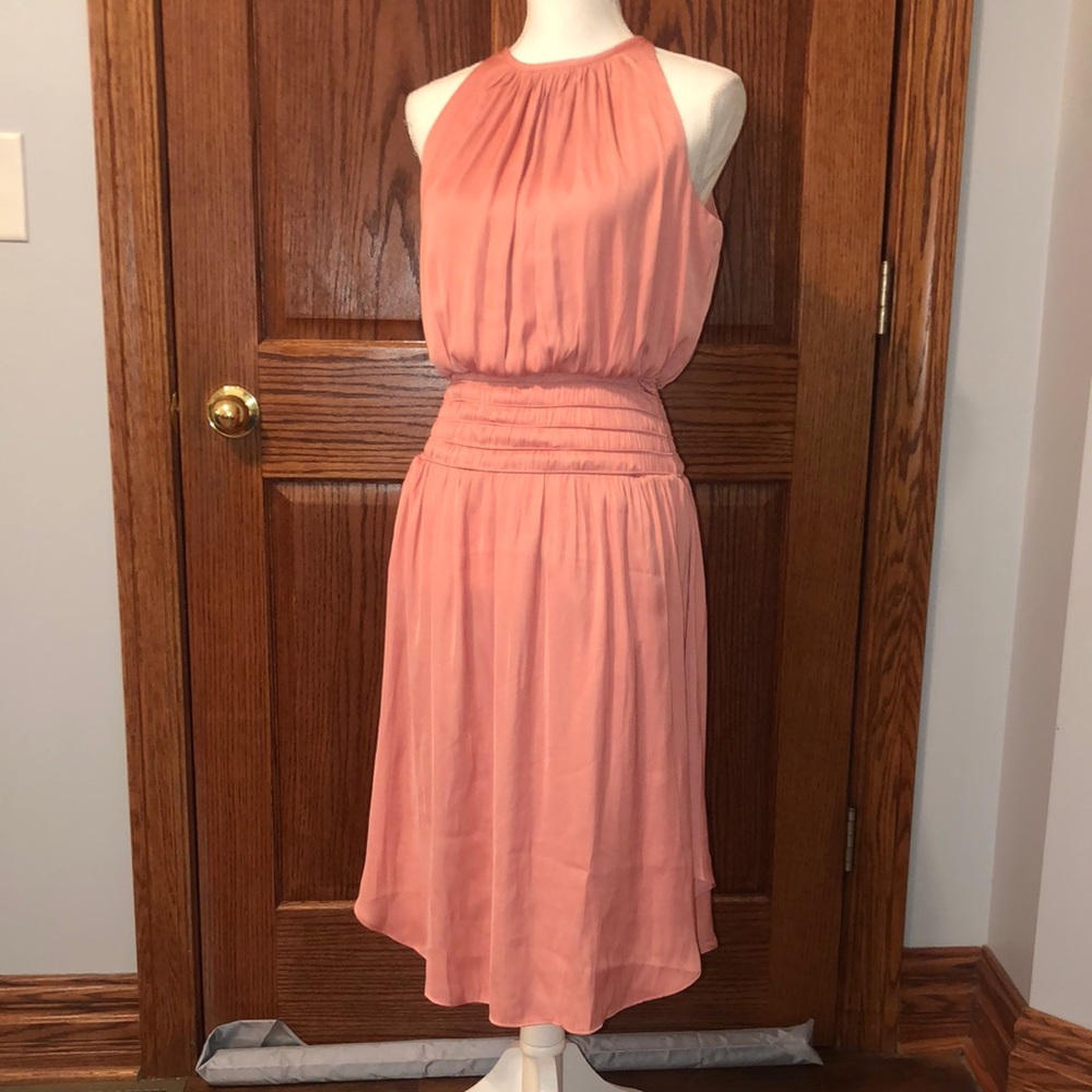 White House Black Market Orange Midi Dress with Ruched Halter Neckline